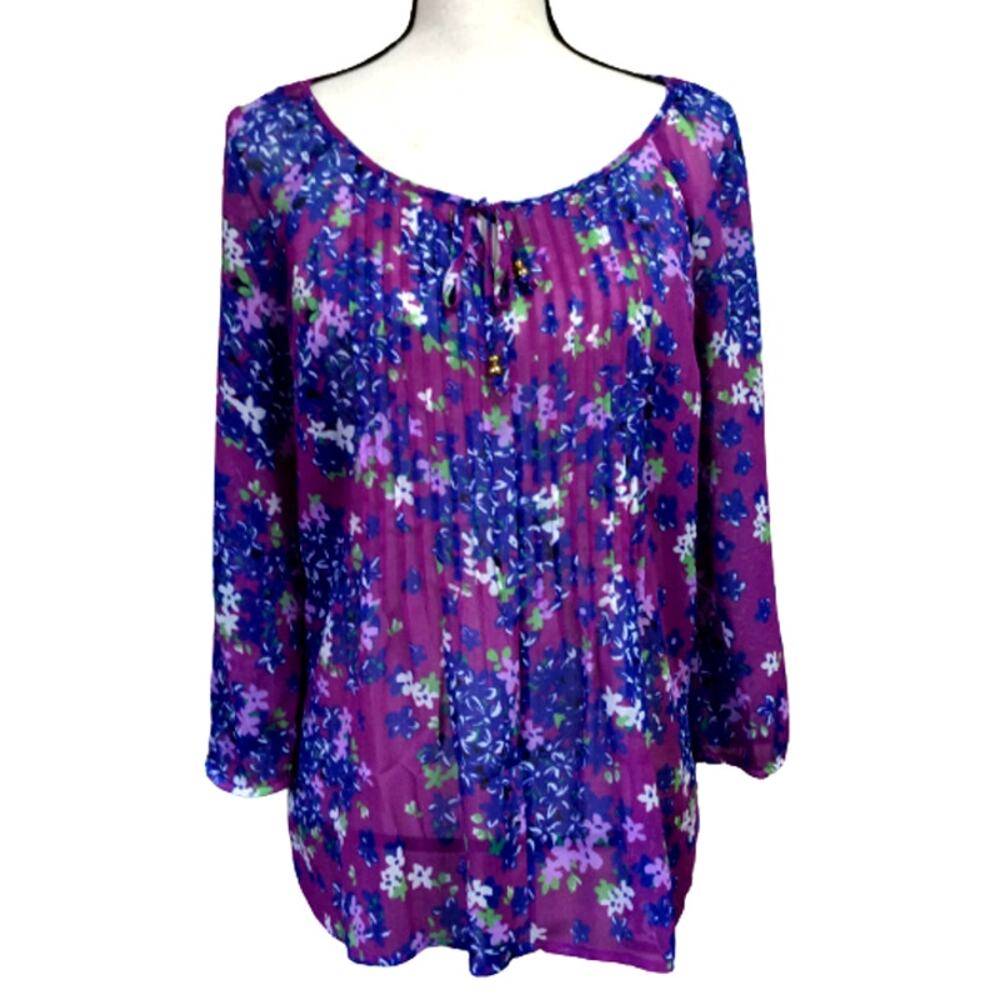 Charter Club Petite Top Medium Women's Floral Blouse Blue Purple Pintuck Sheer